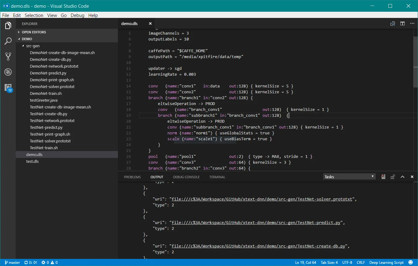 The Deep Learning Script VS Code extension transpiling a network definition to Caffe Script.