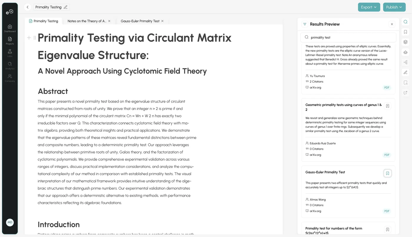Screenshot of the ERS platform showing a generated paper titled "Primality Testing via Circulant Matrix Eigenvalue Structure: A Novel Approach Using Cyclotomic Field Theory" beside a literature results panel of related arXiv work.