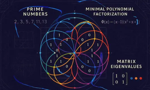 Abstract render of overlapping cyclotomic circles annotated with prime numbers, a minimal polynomial factorisation and a matrix of eigenvalues.