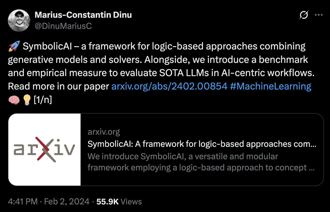Screenshot of the announcement post on X, linking the arXiv paper "SymbolicAI: A framework for logic-based approaches combining generative models and solvers".