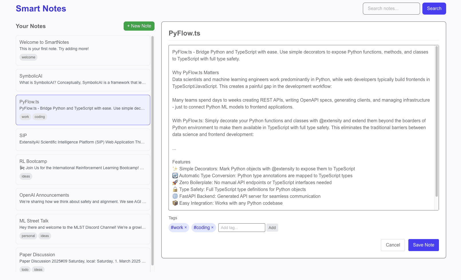 Screenshot of the Smart Notes demo app: a note list on the left, a PyFlow.ts note open in the
editor on the right, with tags and search.