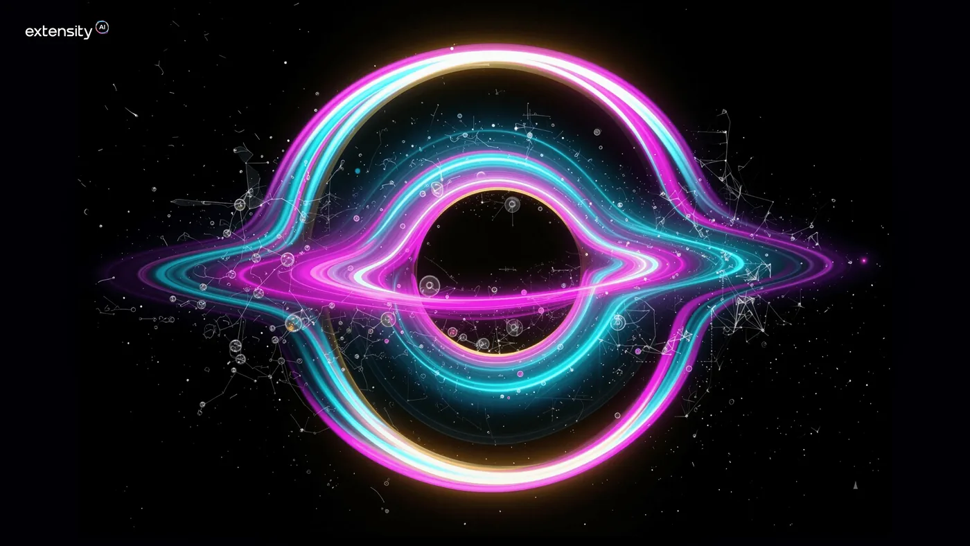 Stylised render of a black hole: bright magenta and cyan accretion rings around a dark core, with a faint network graph overlaid on the star field.