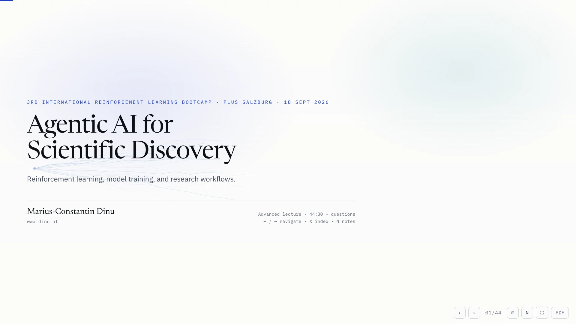 Opening slide of Agentic AI for Scientific Discovery — RL Bootcamp 2026