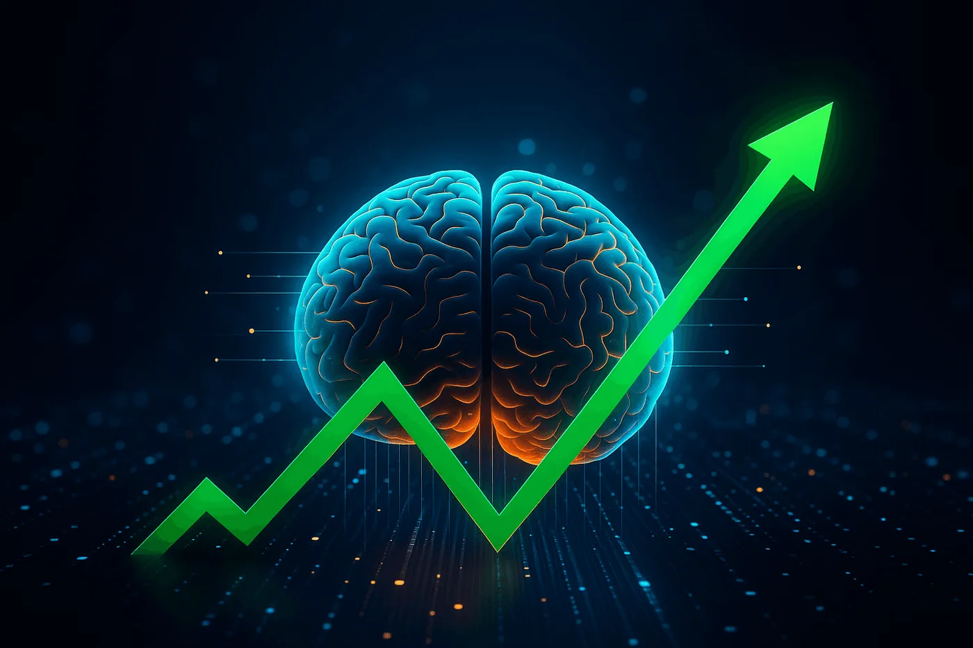 Illustration of a glowing brain behind a rising green trend arrow, over a dark field of data points.