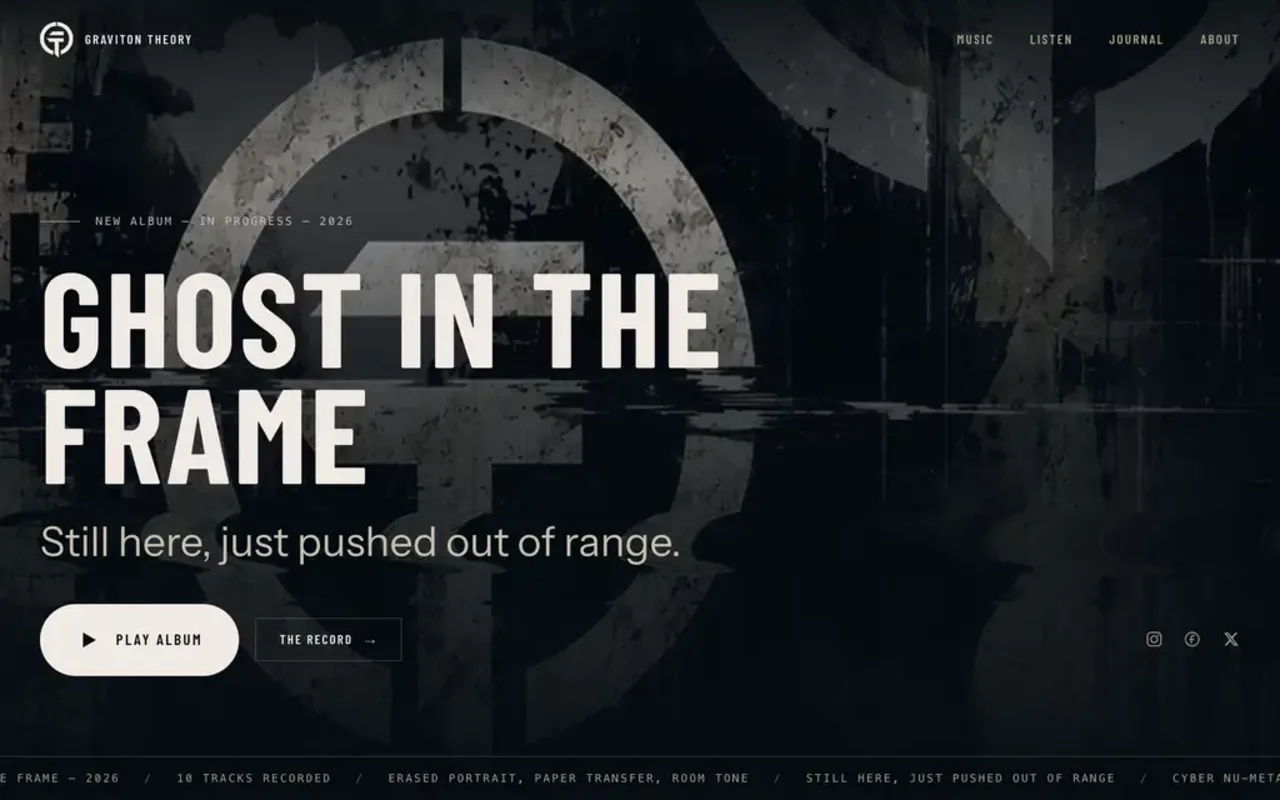 The Graviton Theory site: the album title Ghost in the Frame over the cover plate — an erased human profile behind the band emblem — with the play control and the record's specification ticker beneath it.