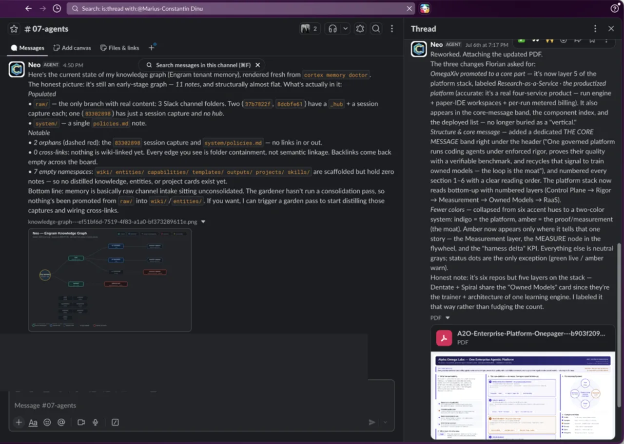 A Vantage briefing delivered into a chat channel: the agent's summary in the channel, its full cited write-up open in the thread beside it.