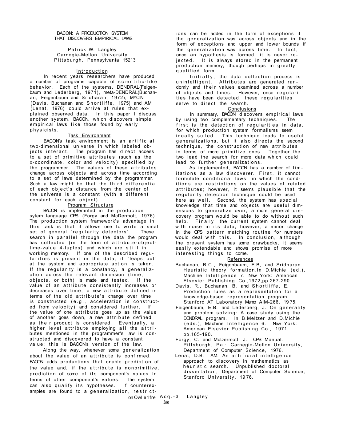 Title and text of Patrick Langley’s 1977 BACON paper