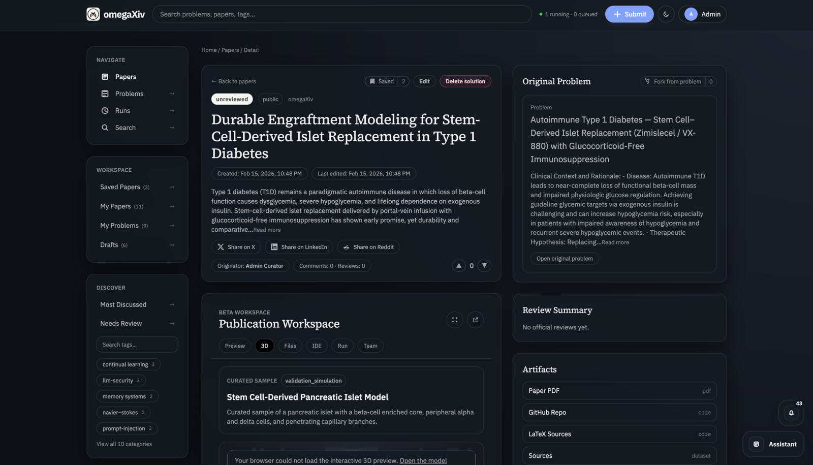 Research system UI: a generated manuscript with its originating problem statement, artifacts and review state