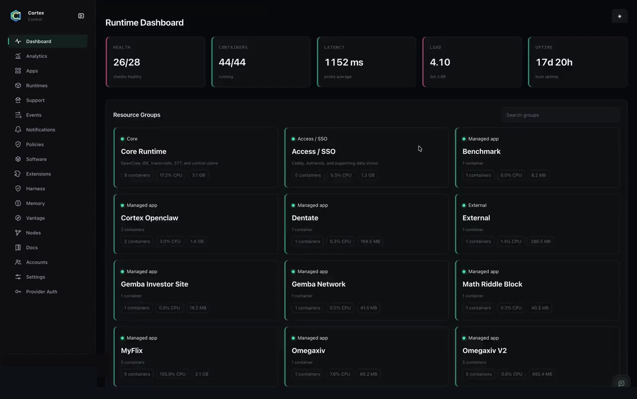 Redacted Cortex runtime dashboard
