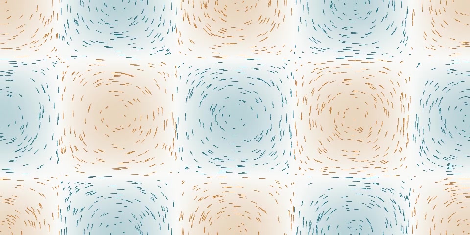 Two-dimensional decaying Taylor–Green reference flow with moving tracers and signed vorticity colors; not the claimed three-dimensional singularity