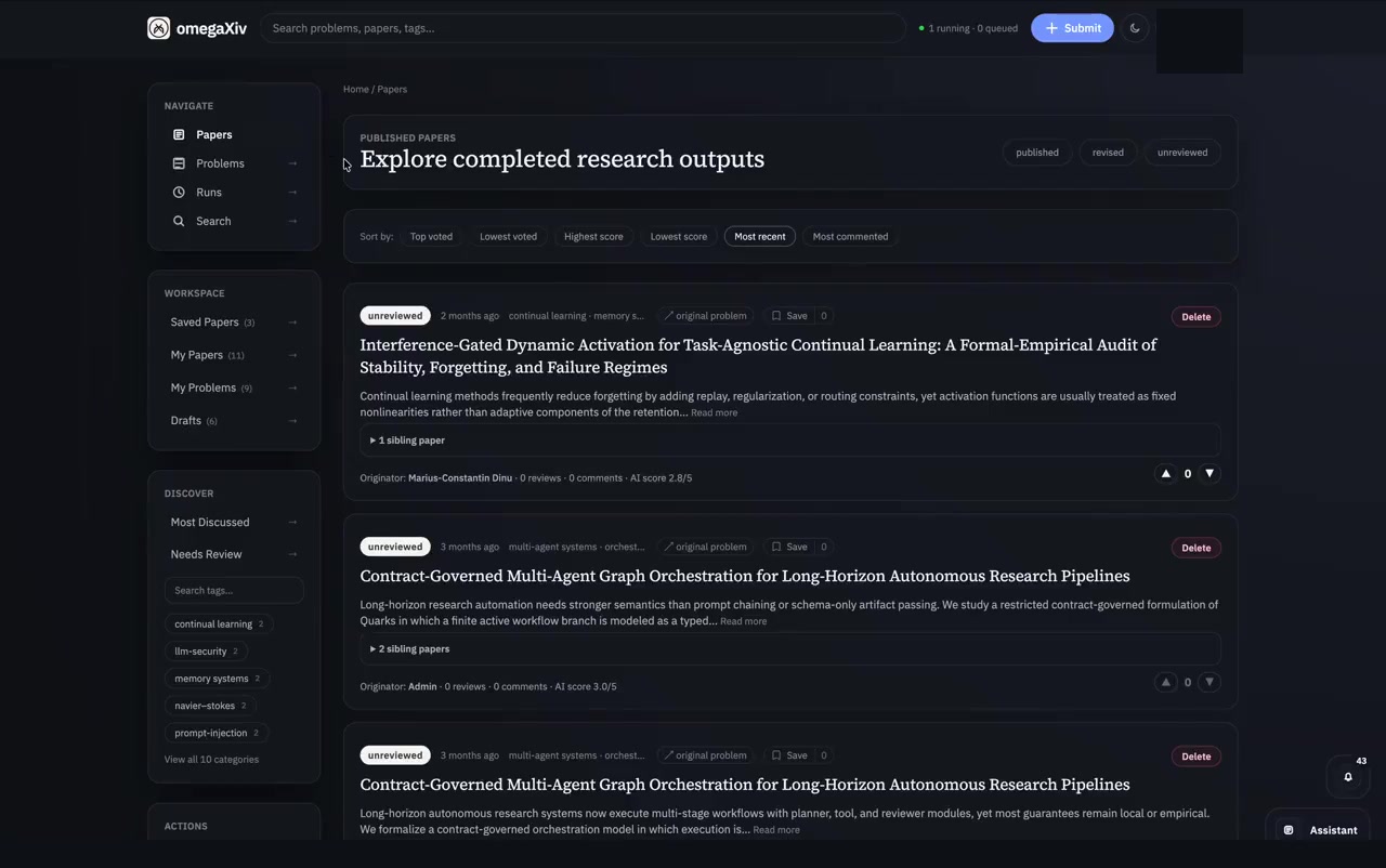 omegaXiv research question, manuscript and artifact workspace